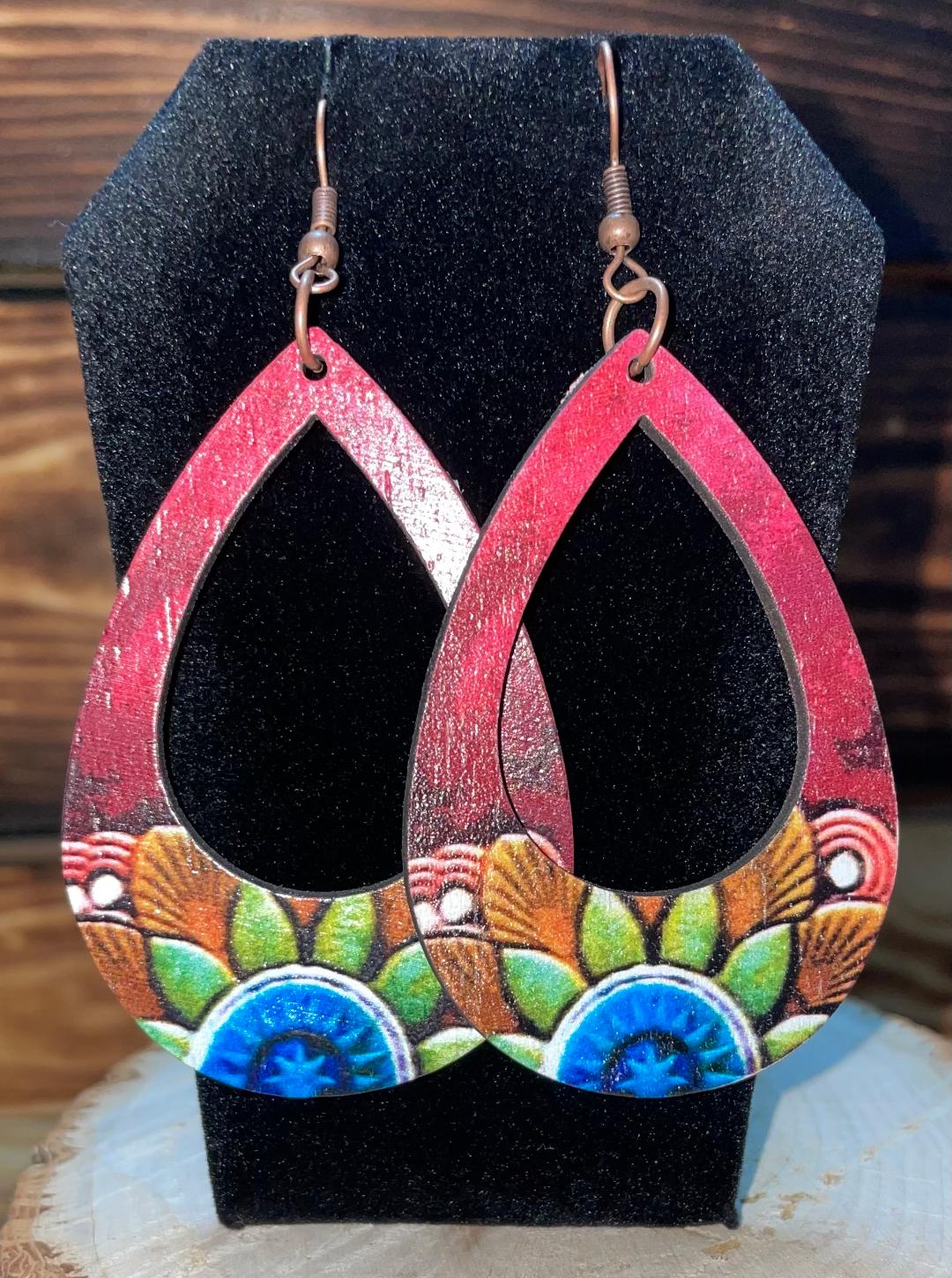 NEW Boho Hippie Large Wooden Floral Teardrop Earrings