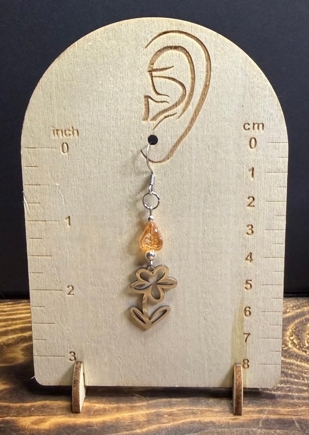NEW Hollow Hippie Flower Charm Earrings w/ Amber Glass Leaf Beads