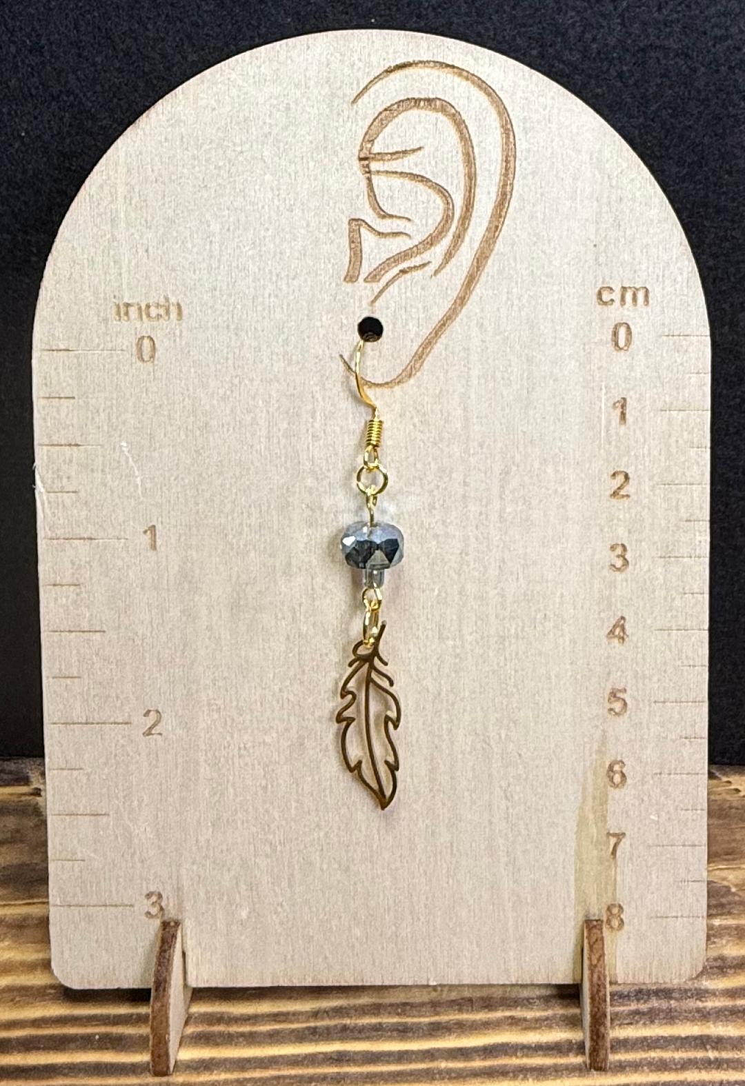NEW Hollow Gold Feather Earrings w/ Sage Green Glass Beads
