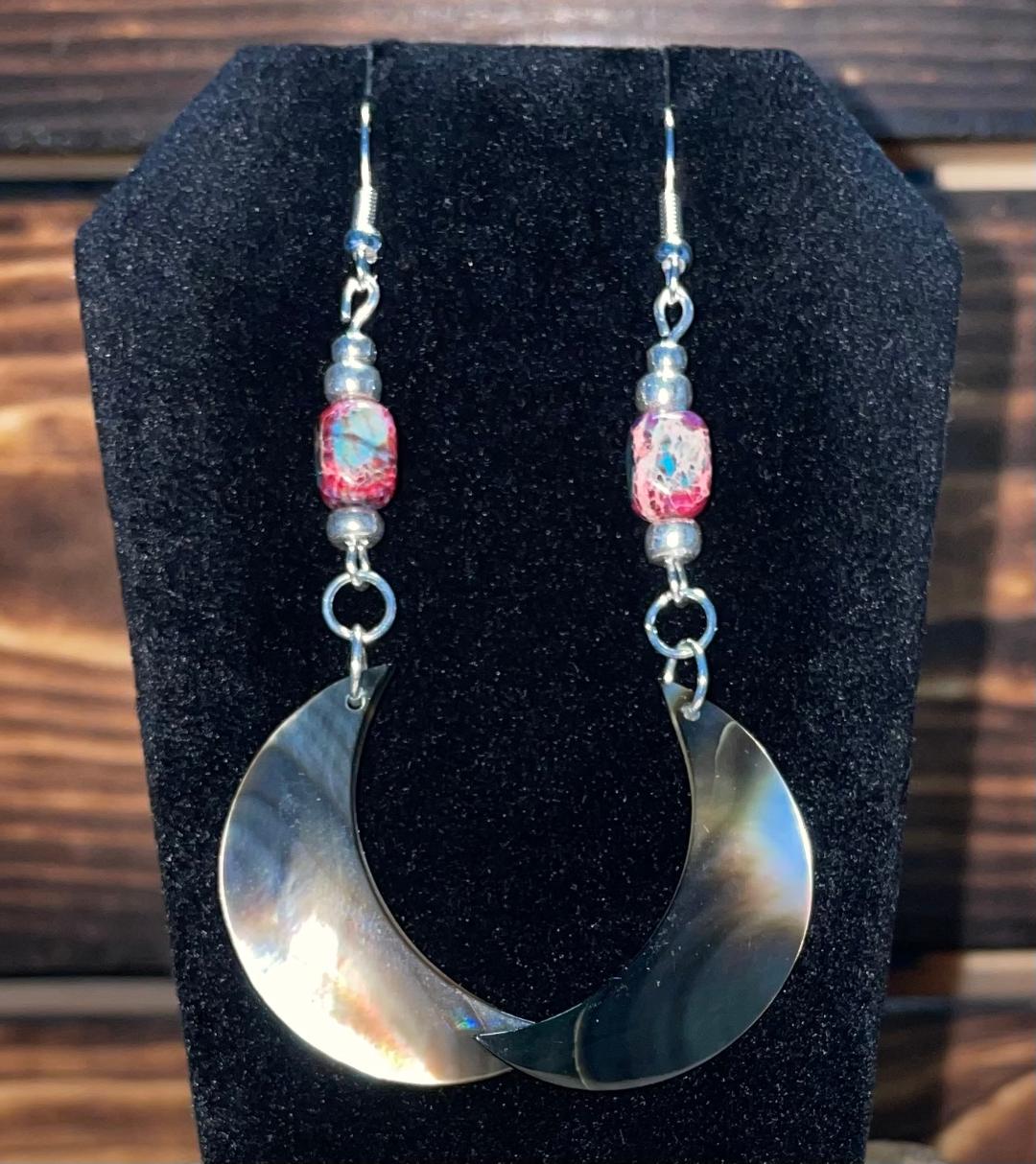 NEW Natural Black Lip Shell Crescent Moon Earrings w/ Imperial Jasper Stone Beads
