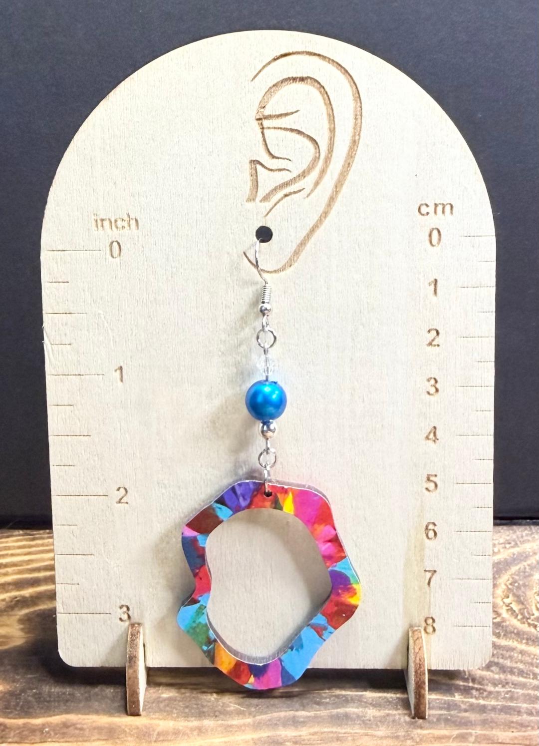 NEW Colorful Painted Wooden Oval Hoop Earrings w/ Blue Glass Beads