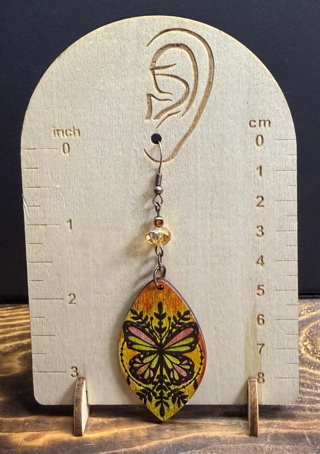 NEW Large Boho Wooden Butterfly Earrings w/ Amber Glass Beads
