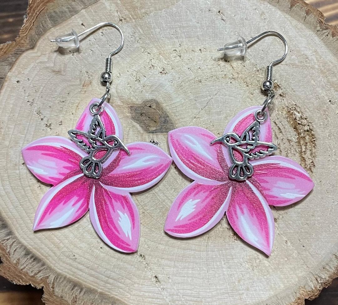 NEW Double Sided Acrylic Pink Flower Earrings w/ Hummingbird Accent Charms