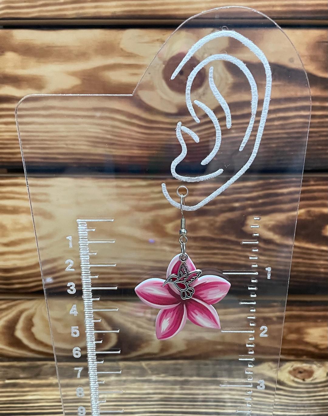NEW Double Sided Acrylic Pink Flower Earrings w/ Hummingbird Accent Charms