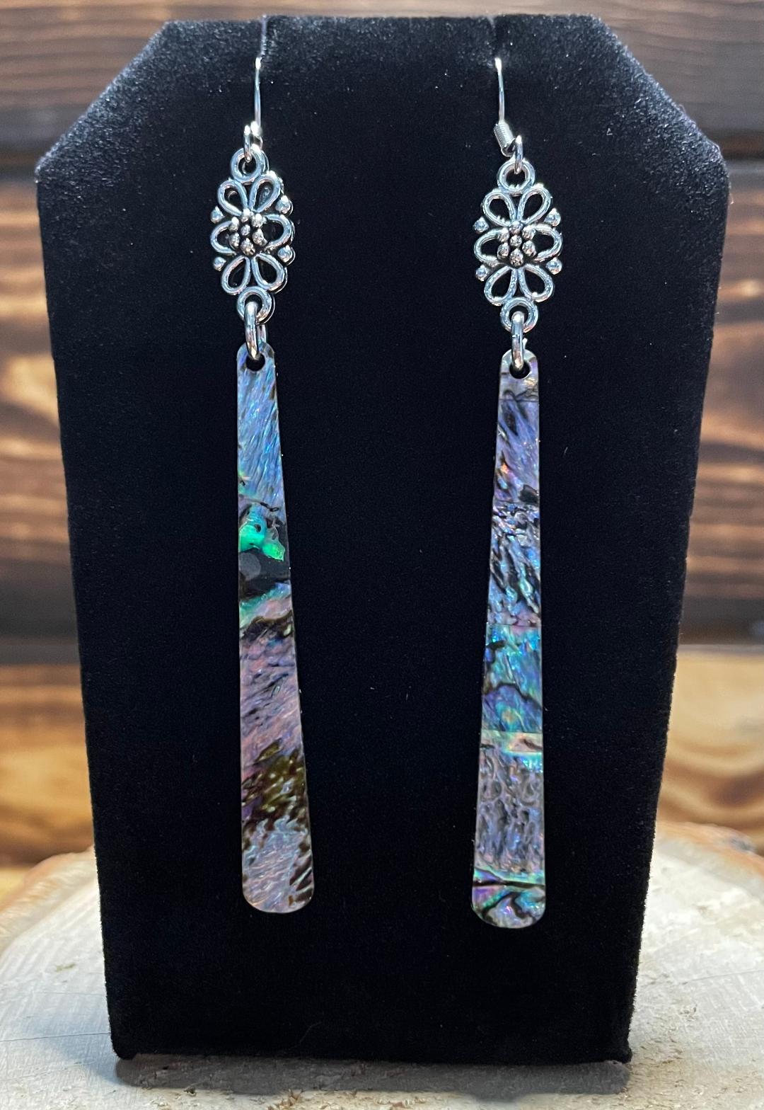 NEW Long Abalone Themed Acrylic Earrings w/ Filigree Charm