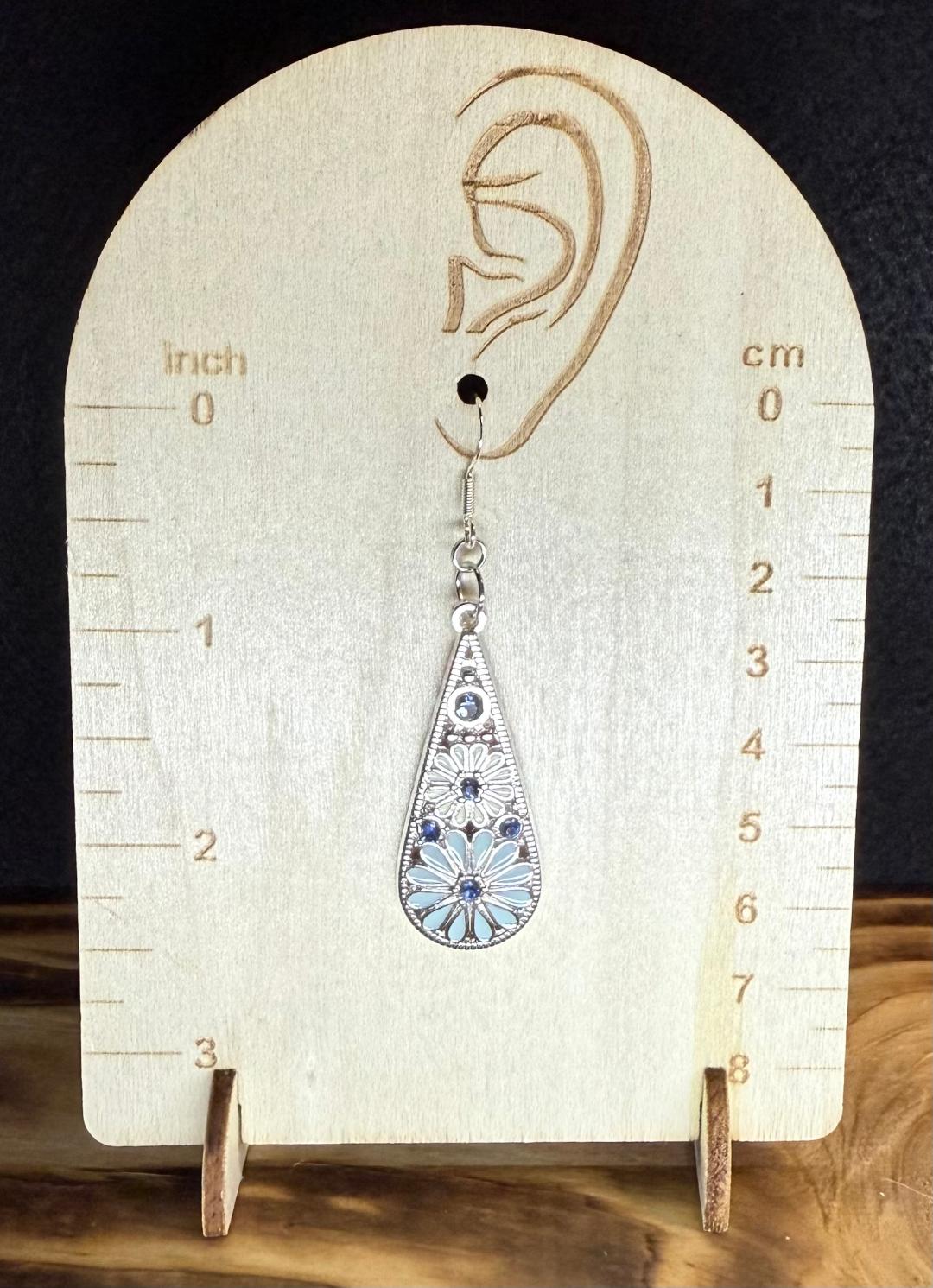 NEW Long Silver Alloy Flower Teardrop Earrings w/ Blue Rhinestones