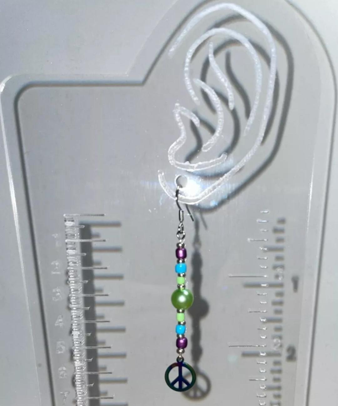 NEW Boho Hippie Peace Sign Beaded Iridescent Metal Pendant Long Dangle Earrings