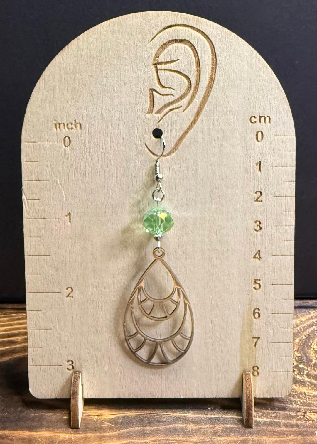 NEW Dramatic Stainless Steel Large Teardrop Earrings w/ Green Glass Beads