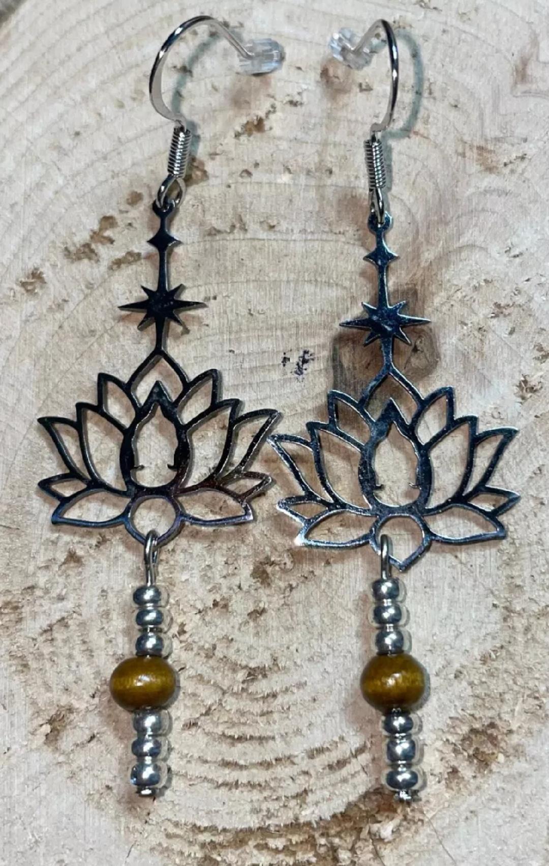 NEW Gorgeous Stainless Steel Lotus Yoga Beaded Dangle Drop Earrings