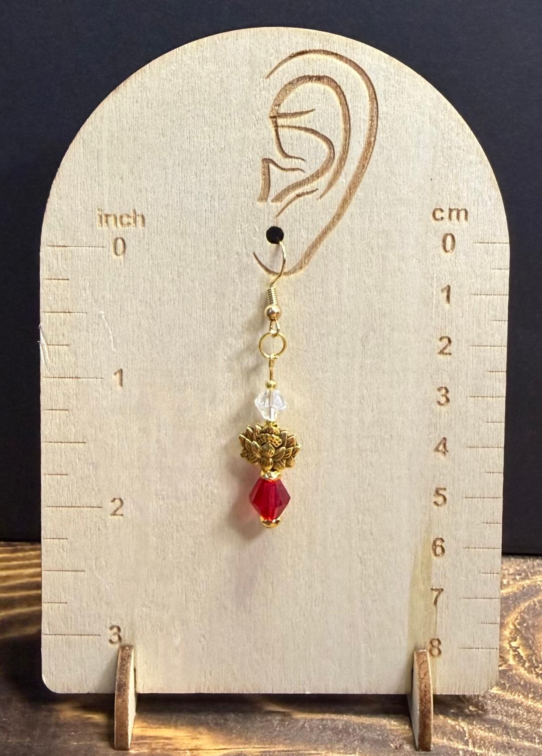 NEW Gold Lotus Charm Earrings w/ Red & White Glass Beads