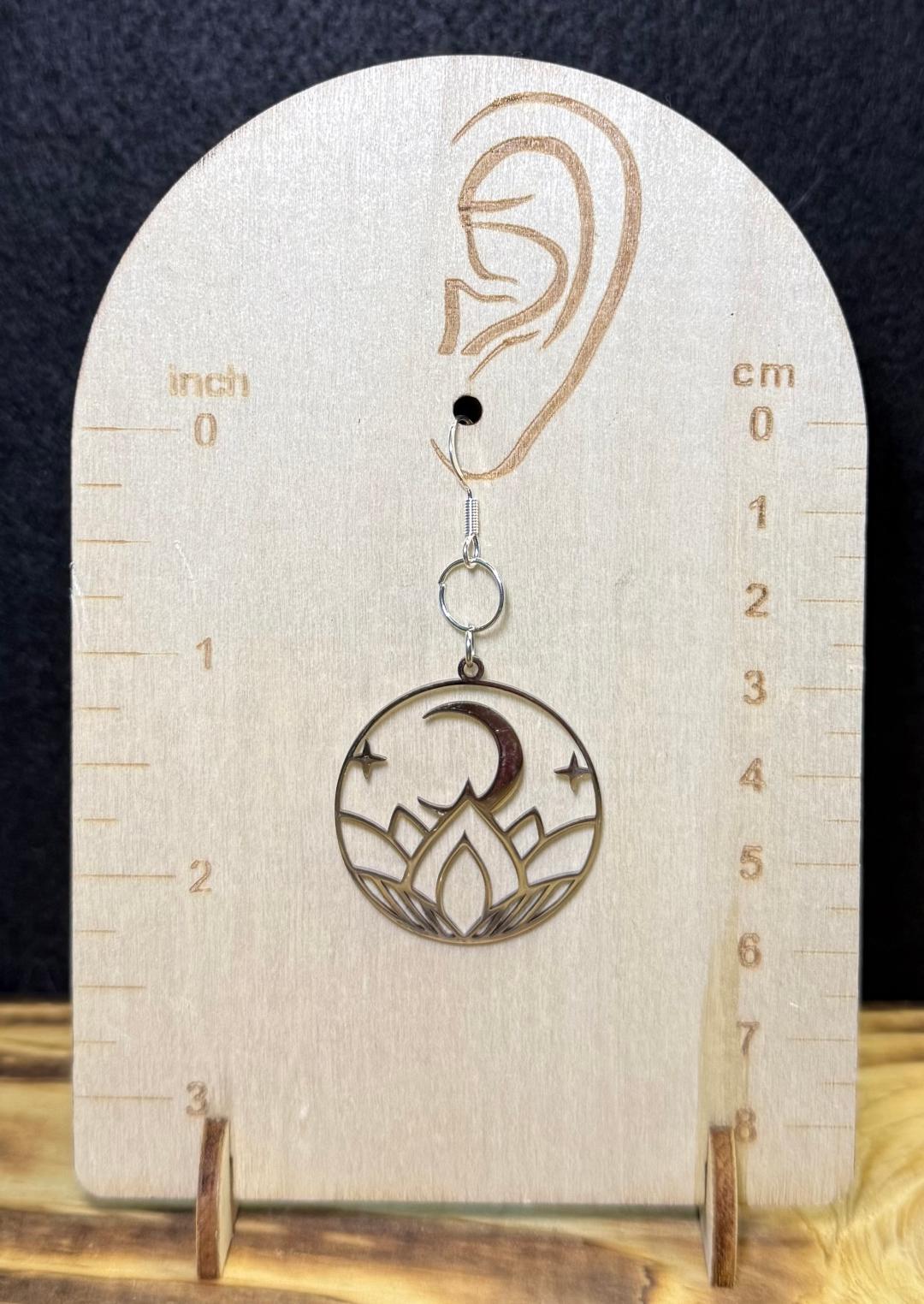 NEW Mystical Lotus Moon Hollow Silver Stainless Steel Earrings