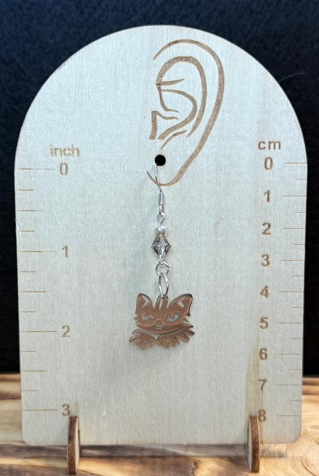 NEW Stainless Steel Cat Earrings w/ Grey Glass Faceted Beads