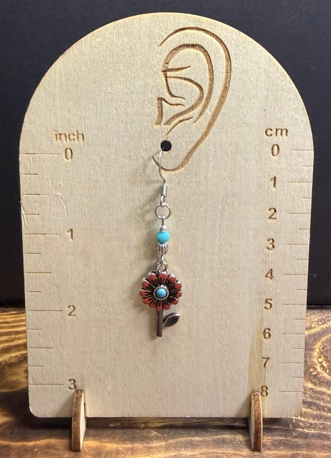 NEW Maroon Red Petal Daisy Earrings w/ Turquoise Green Beads