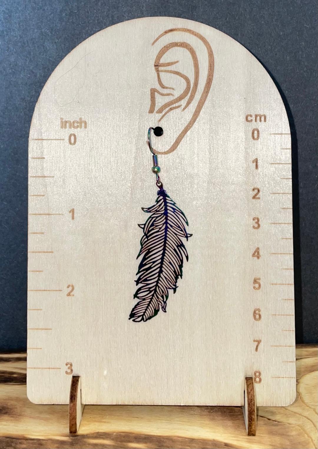 NEW Iridescent Feather Boho Hippie Drop Laser Cut Metal Earrings
