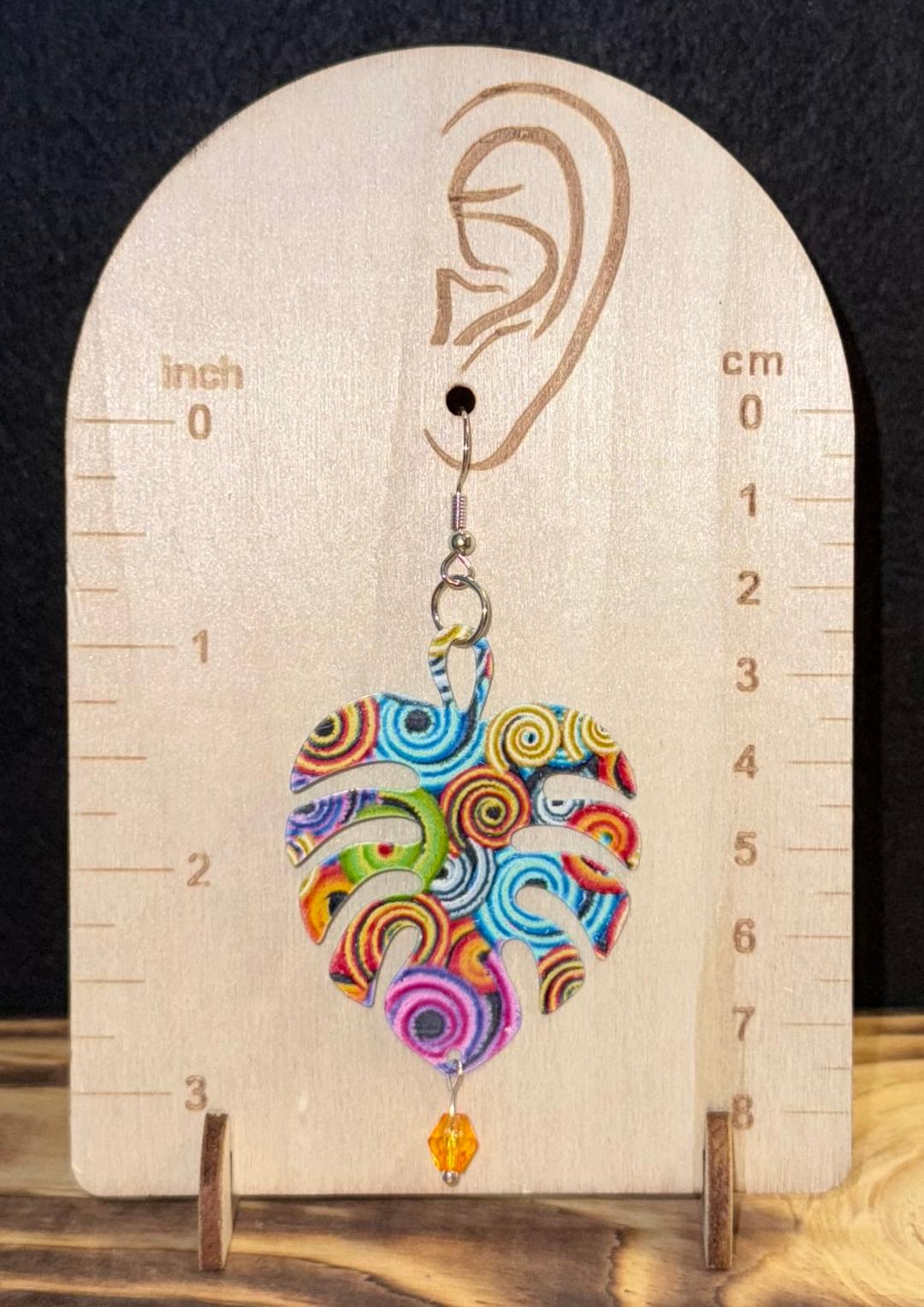 NEW Colorful Boho Hollow Cut Metal Monstera Leaf & Orange Bead Earrings