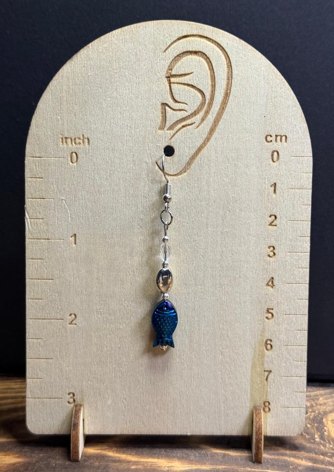 NEW Metallic Blue Glass Fish Earrings w/ Oval Glass Beads