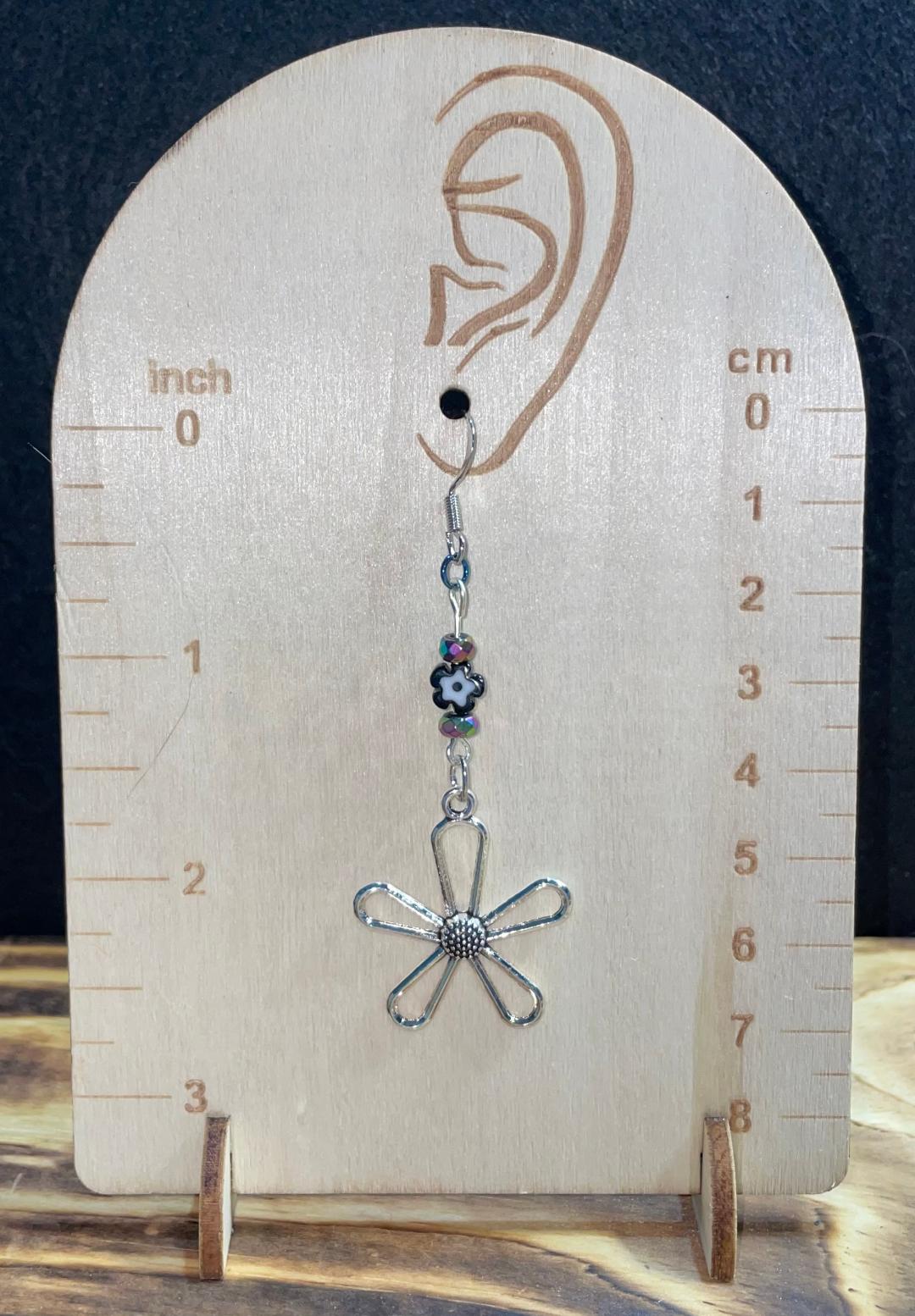 NEW Hollow Silver Tone Flower & Millefiori Glass Bead Earrings