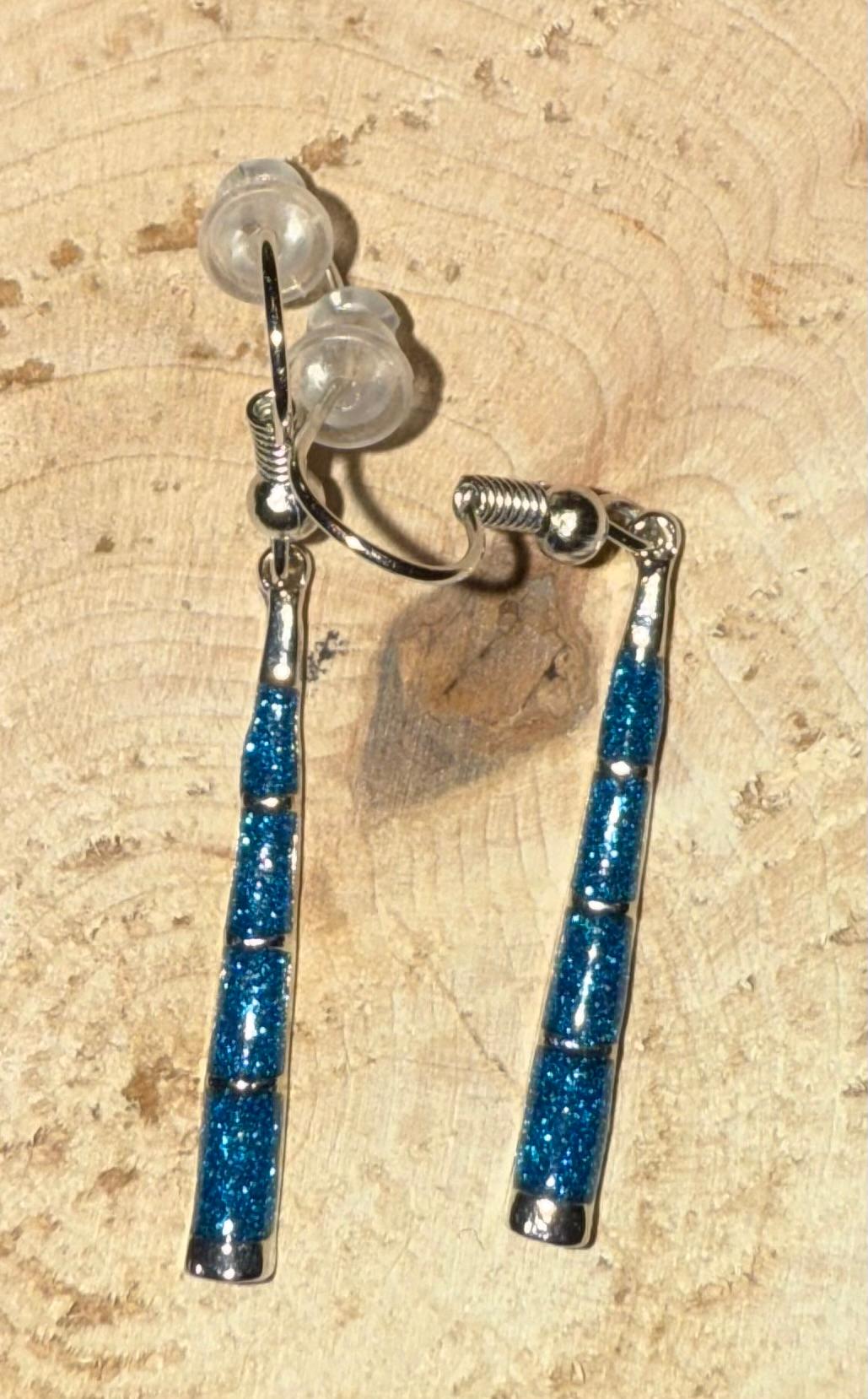 NEW Sleek Minimalist Silver Tone & Teal Glitter Accented Earrings
