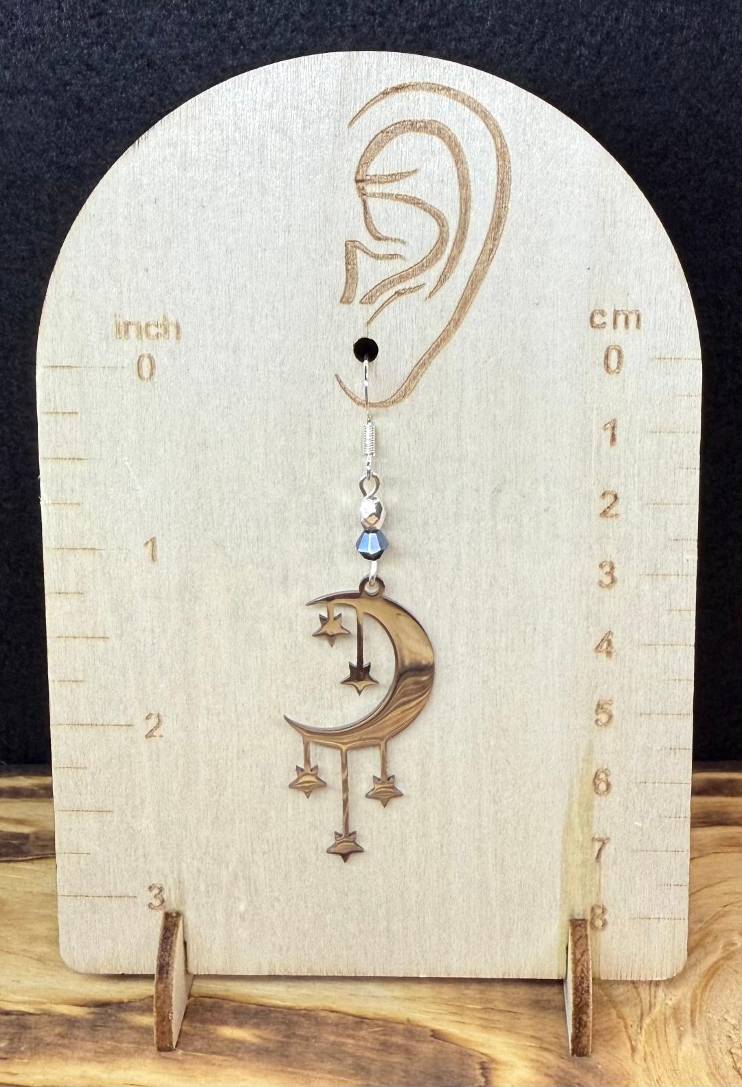 NEW Celestial Moon & Falling Stars Stainless Steel Earrings w/ Silver Grey Beads
