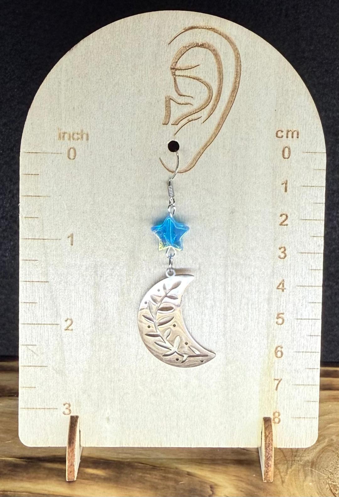 NEW Stainless Steel Crescent Moon Earrings w/ Iridescent Blue Star