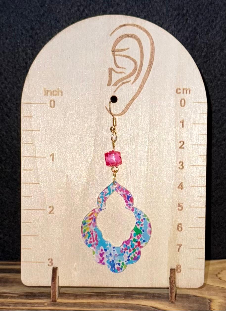 NEW Acrylic Polychrome Geometric Earrings w/ Hot Pink Bead