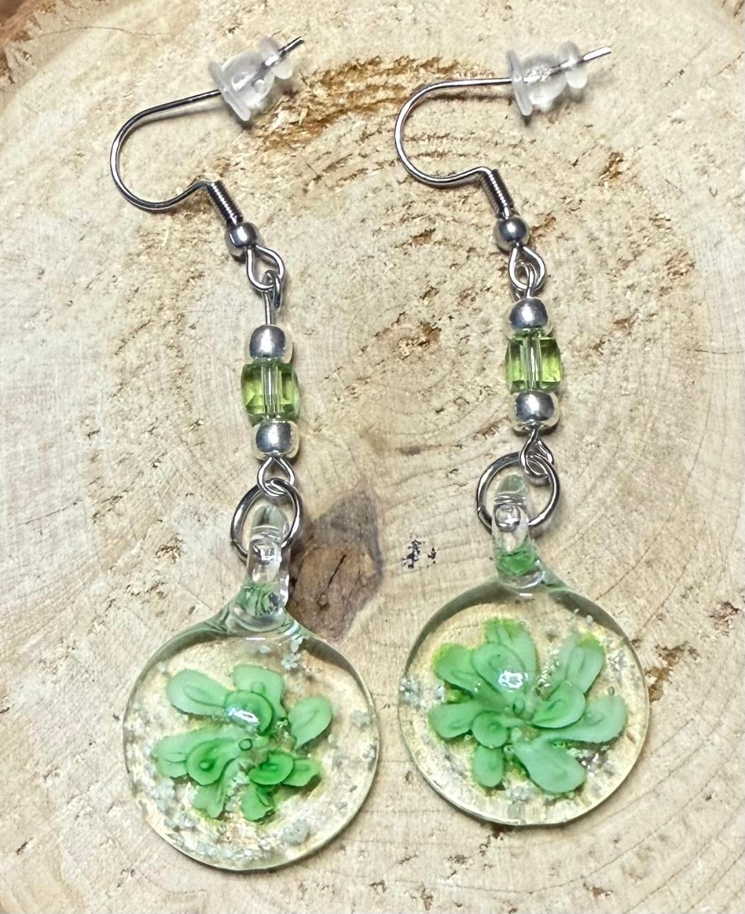 NEW Green Flower Murano Inspired Glass Water Drop Earrings