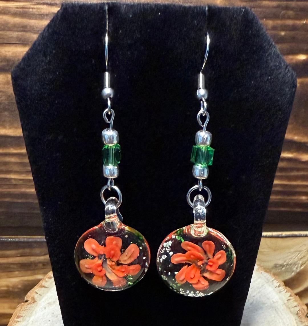 NEW Orange Flower Murano Inspired Glass Water Drop Earrings