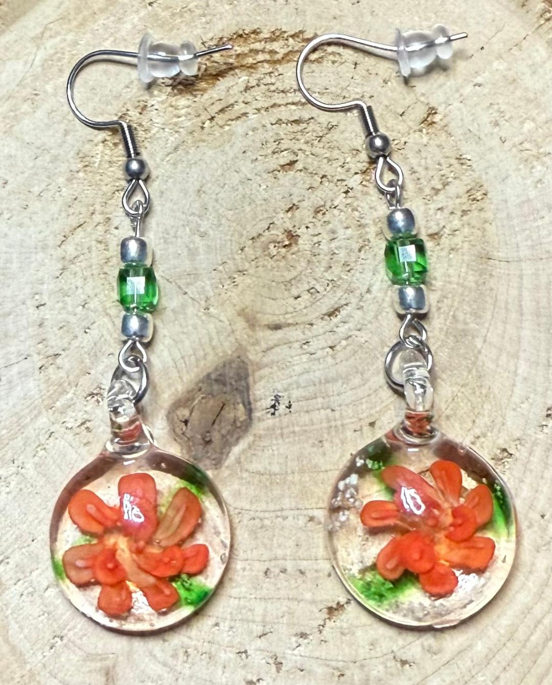 NEW Orange Flower Murano Inspired Glass Water Drop Earrings
