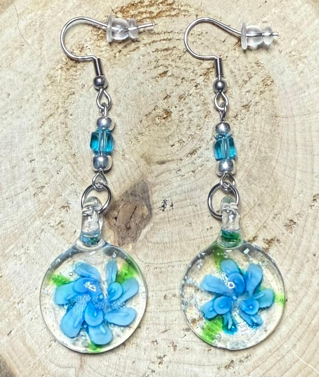 NEW Teal Flower Murano Inspired Glass Water Drop Earrings