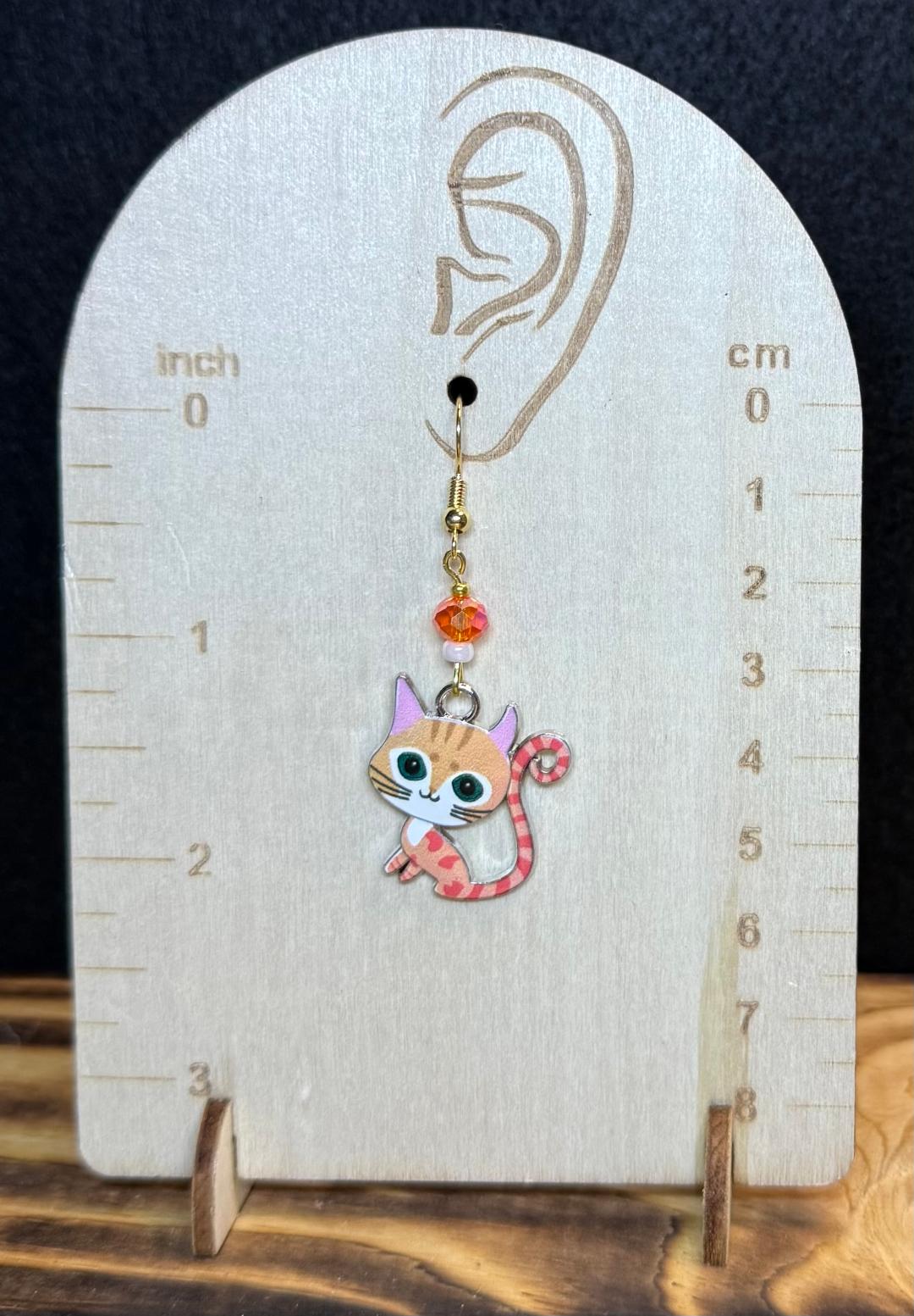 NEW Orange Cartoon Enamel Cat Kitten Earrings & Orange Glass Bead