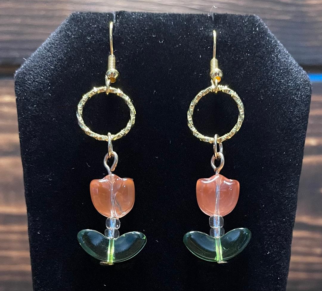 NEW Orange Glass Tulip Charm Earrings w/ Embossed Gold Jump Rings