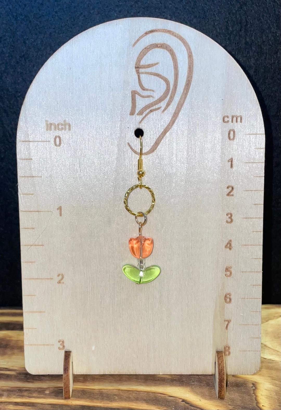 NEW Orange Glass Tulip Charm Earrings w/ Embossed Gold Jump Rings