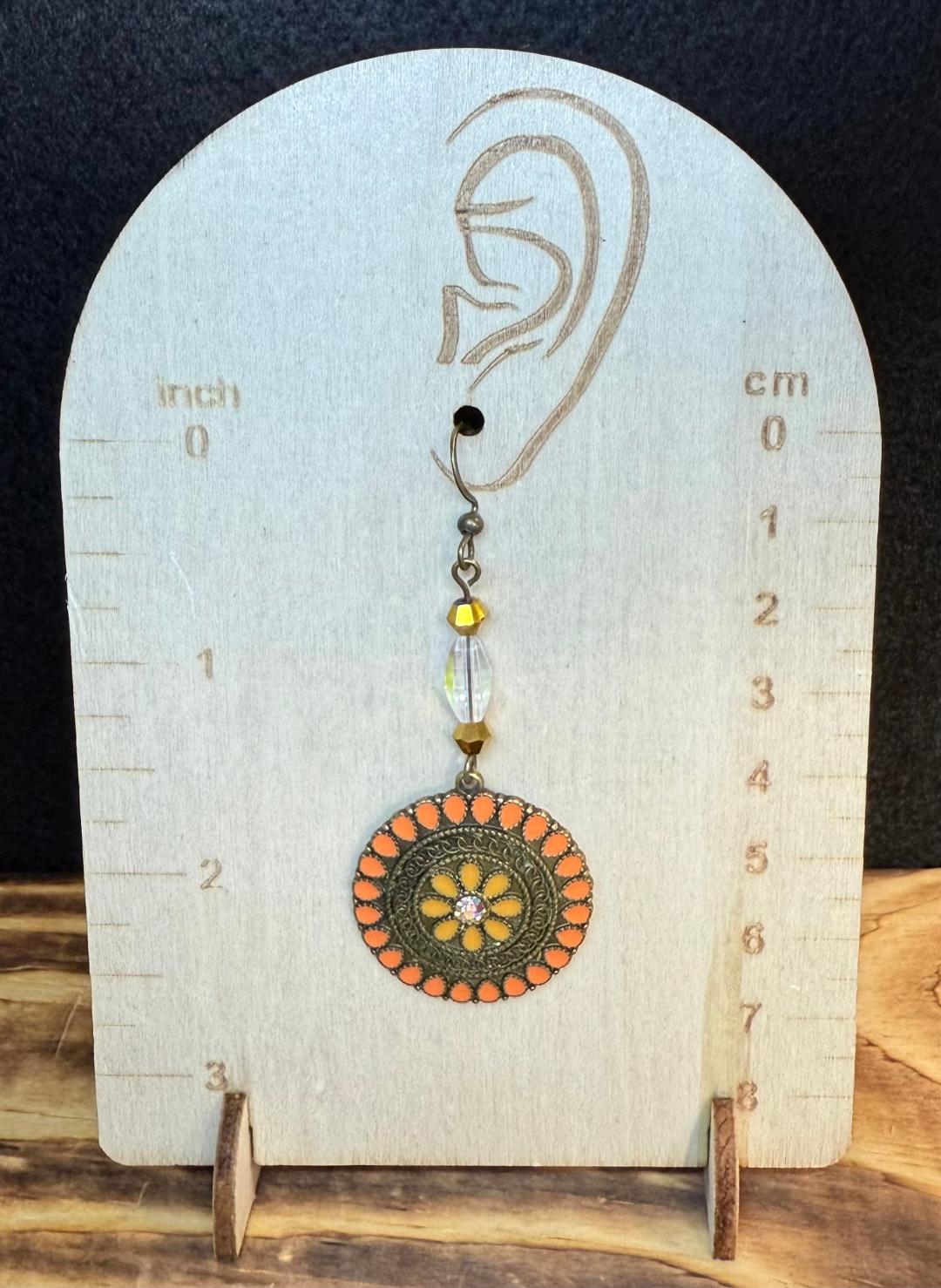 NEW Round Bronze Orange Enamel & Rhinestone Earrings