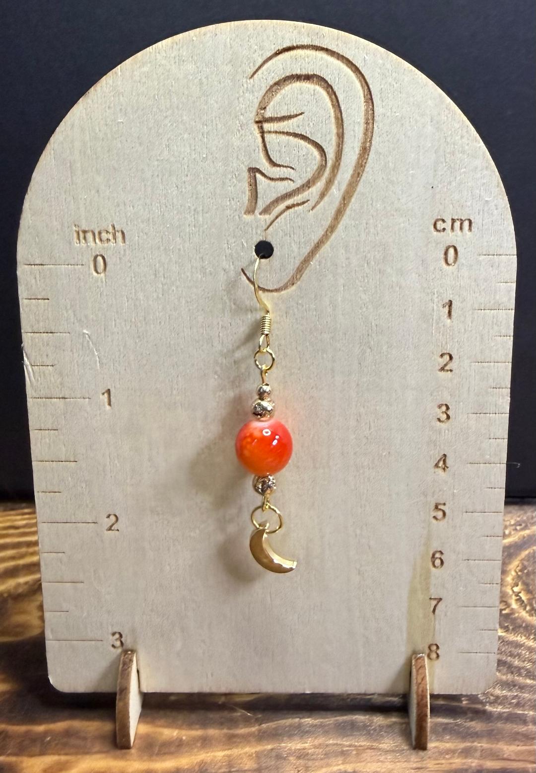 NEW Orange Sun Glass Bead Earrings w/ Gold Crescent Moon & Lava Beads