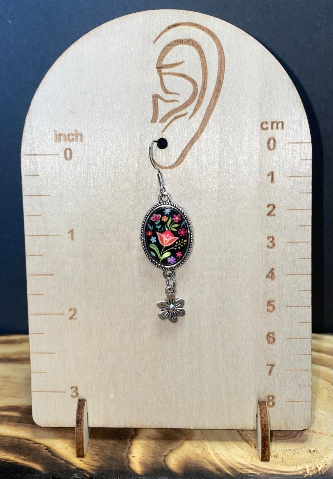 NEW Oval Floral Glass Dome Pendant & Flower Charm Earrings