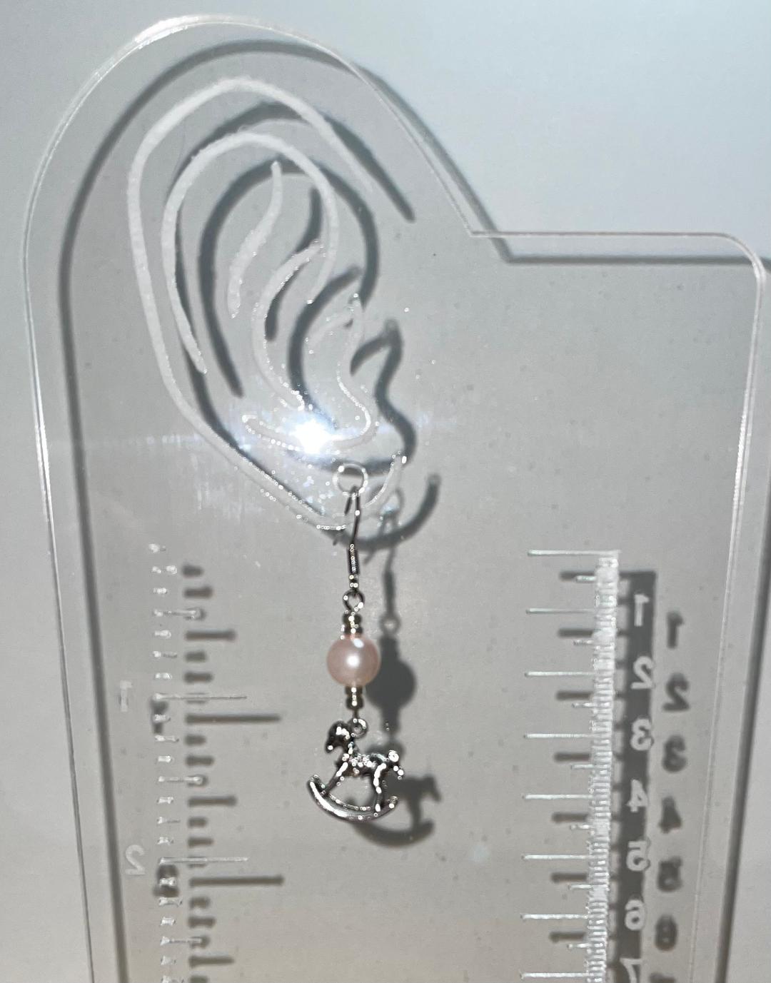 NEW Silver Tone Nursery Rocking Horse & Pink Faux Pearl Bead Earrings