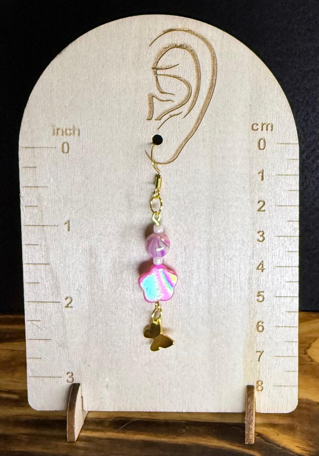 NEW Iridescent Flower Charm Earrings w/ Pink & White Candy Striped Beads