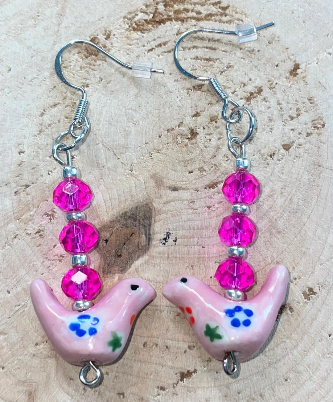NEW Unique Pink Ceramic Dove / Bird & Hot Pink Beads Earrings