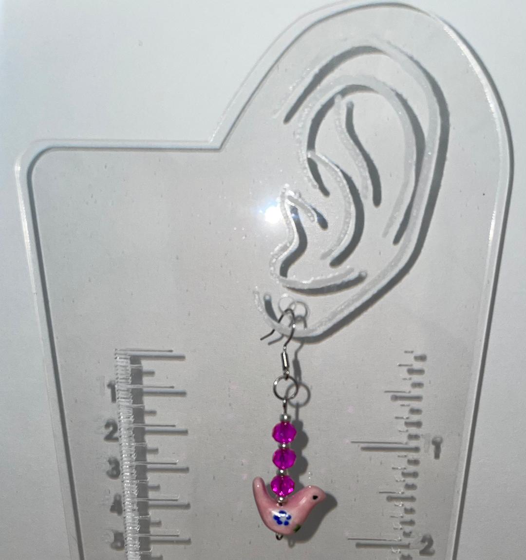 NEW Unique Pink Ceramic Dove / Bird & Hot Pink Beads Earrings