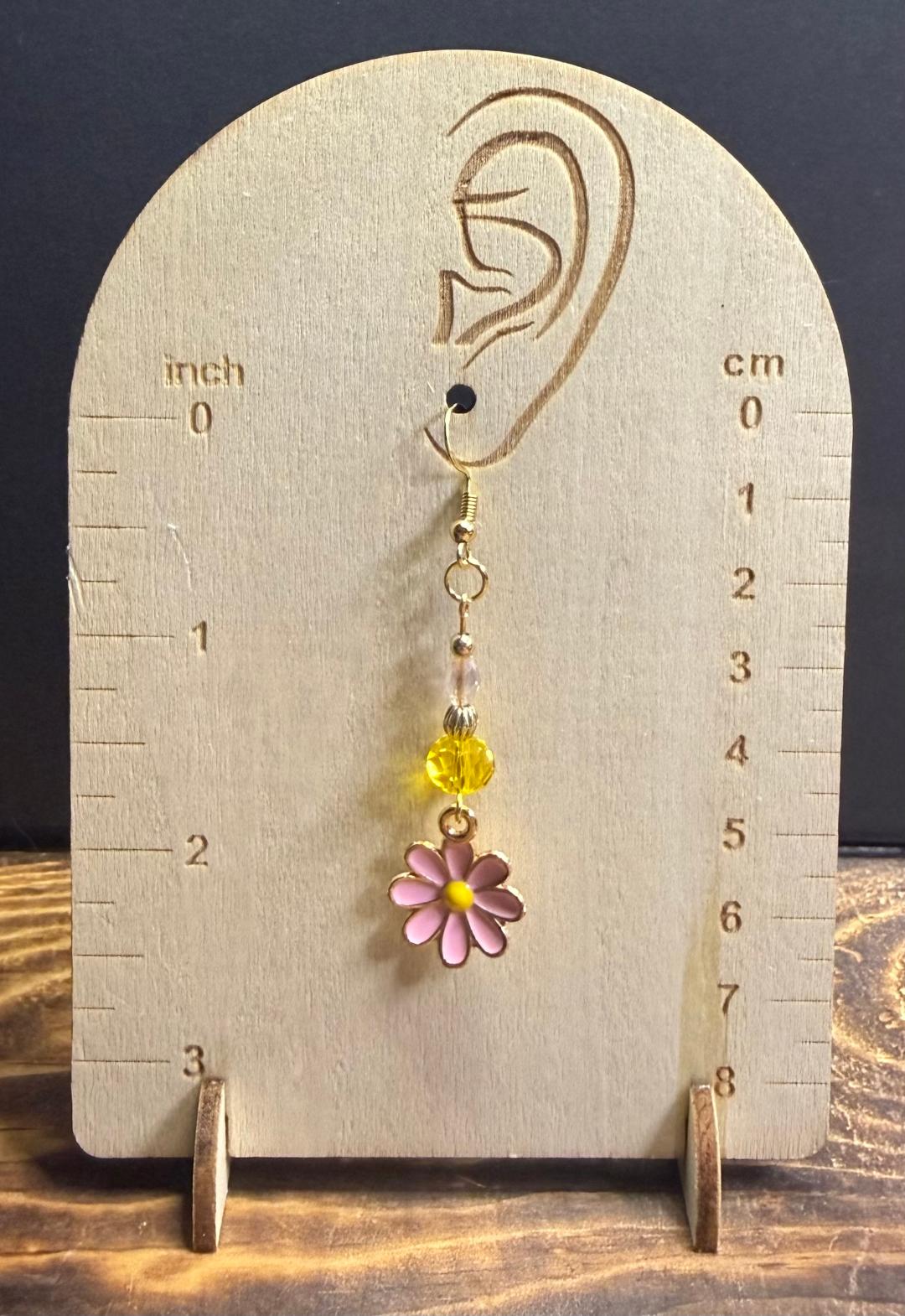 NEW Pink Daisy Earrings w/ Pink & Yellow Glass Beads