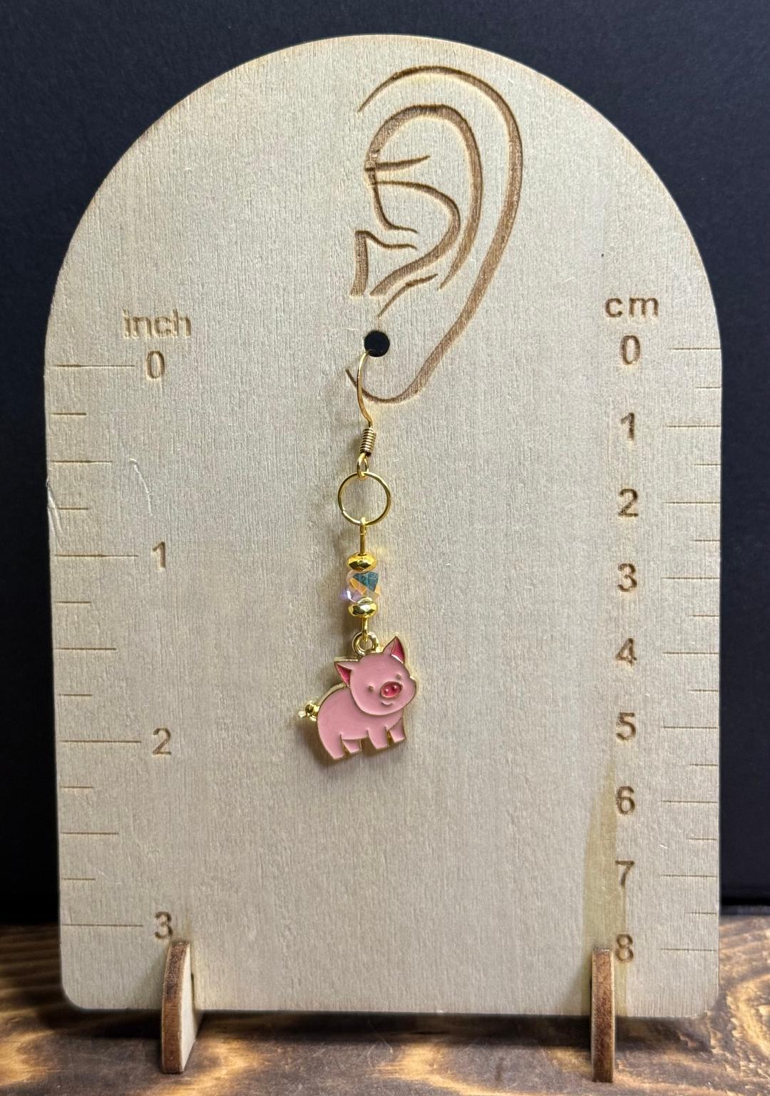 NEW Little Pink Enamel Pig / Piglet Earrings w/ Square Glass Beads