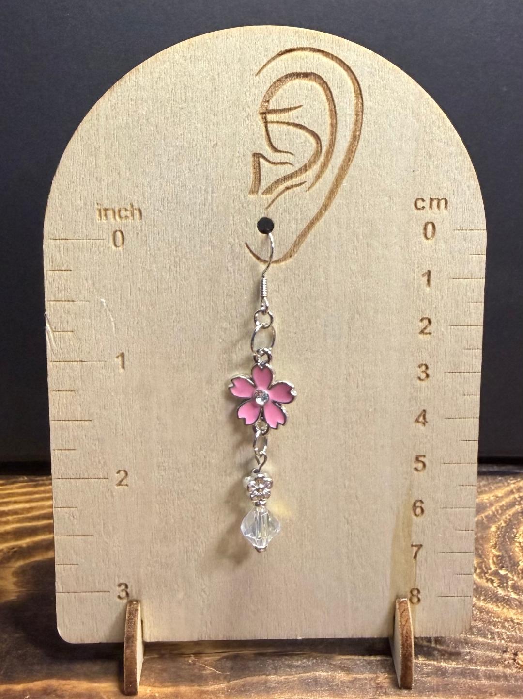NEW Pink Enamel Flower Earrings w/ Rhinestone Center & Glass Beads