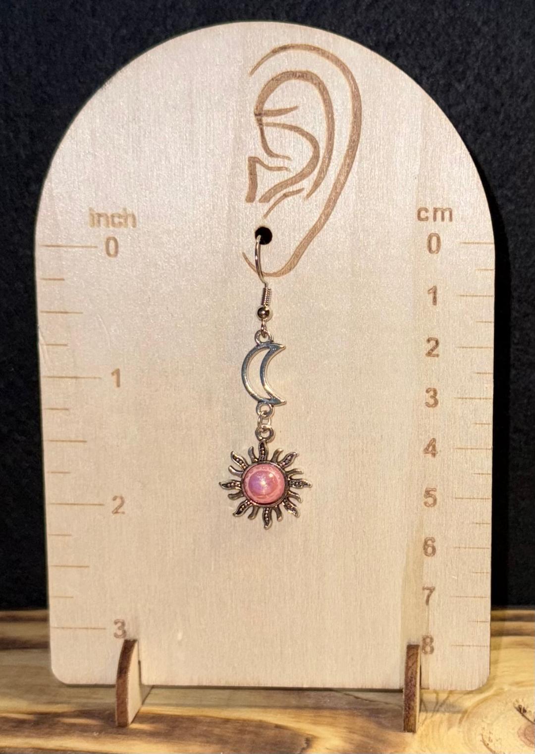 NEW Hollow Moon & Sun Charm w/ Pink Gem Earrings