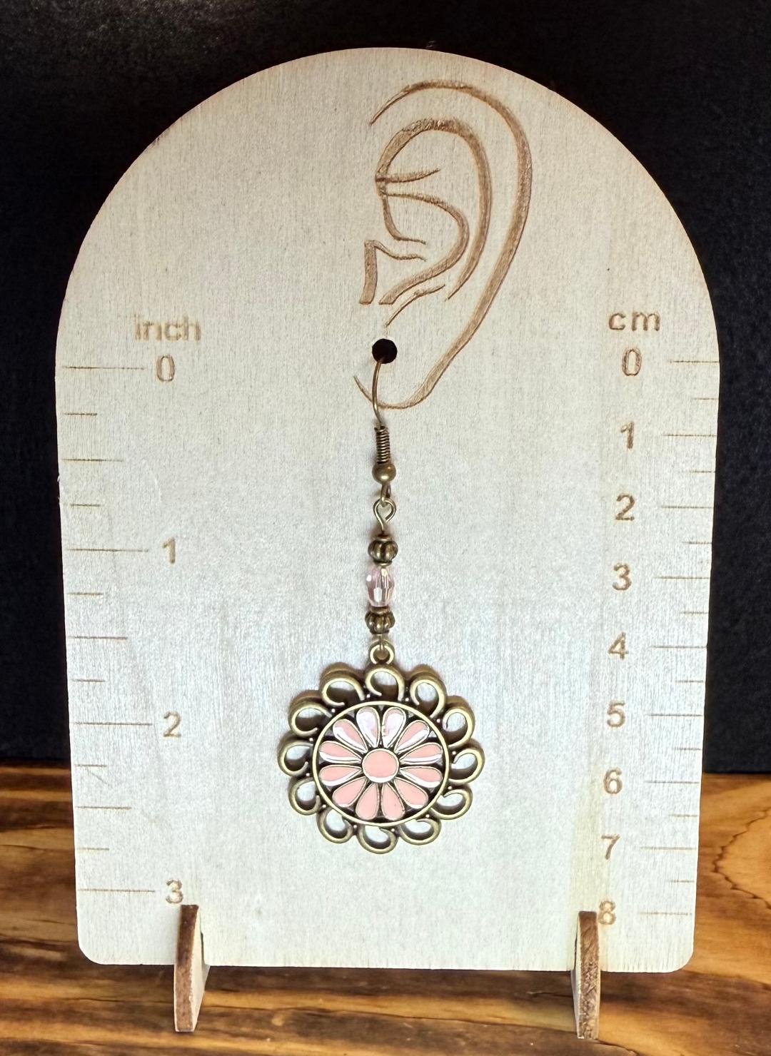NEW Bronze Circle Charm Flower Earrings w/ Pink Enamel