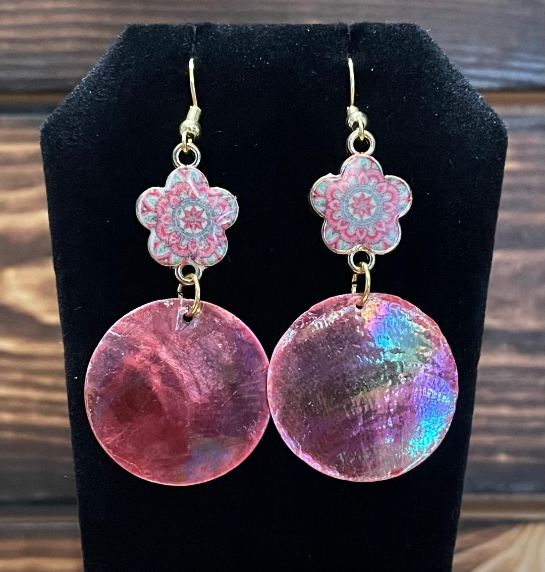 NEW Iridescent Natural Pink Shell & Mandala Charm Drop Earrings