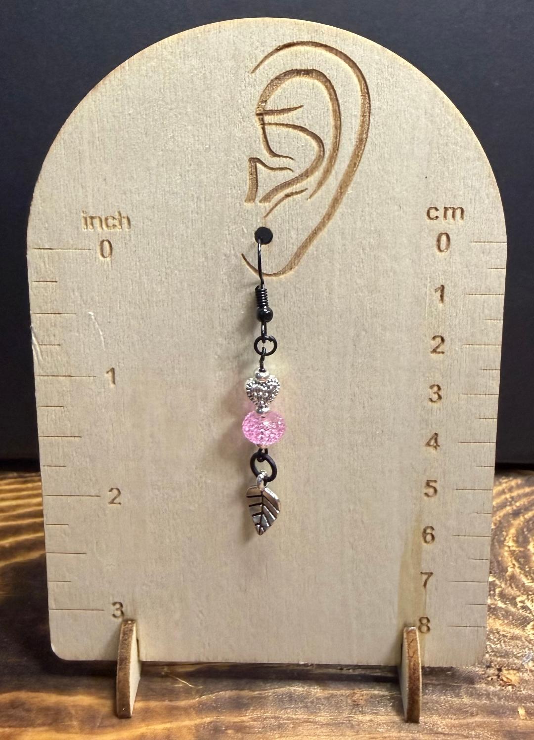 NEW Etched Heart & Leaf Earrings w/ Pink Beads