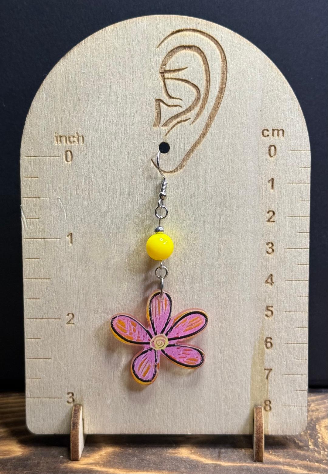 NEW Pink & Yellow Flower Earrings w/ Yellow Glass Beads