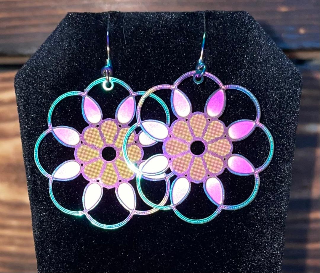 NEW Stainless Steel Laser Cut Pinwheel Rainbow Earrings