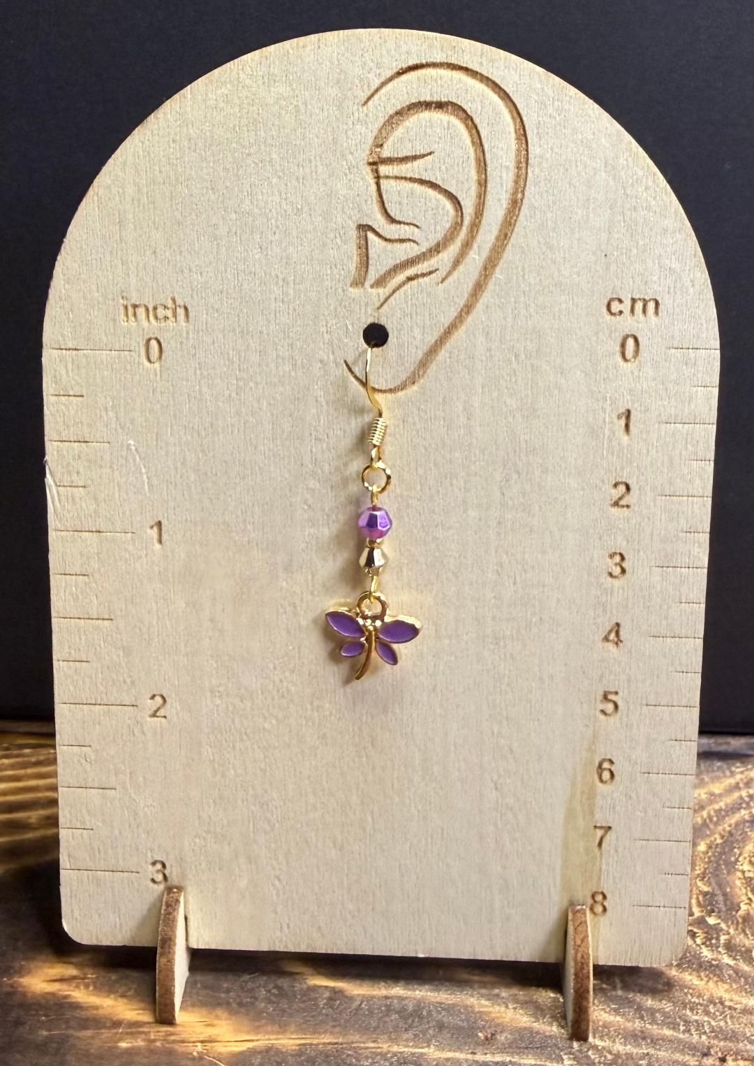 NEW Purple Enamel Dragonfly Earrings w/ Faceted Beads