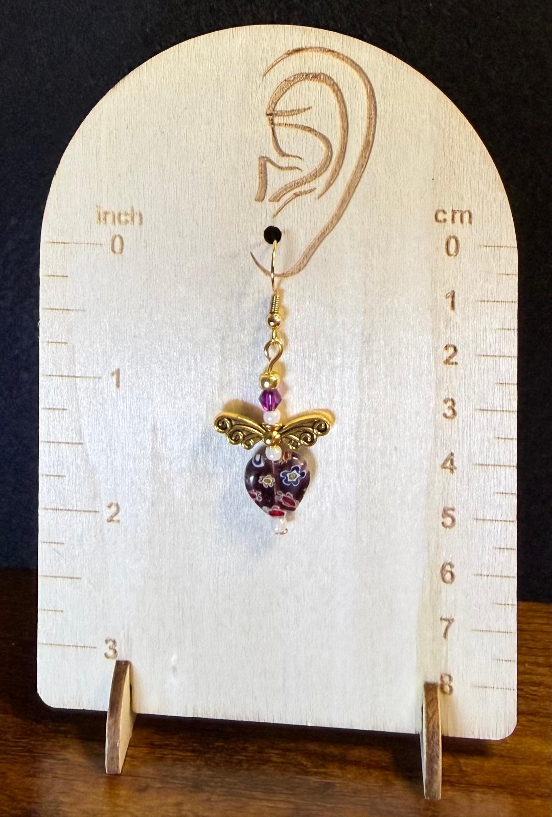 NEW Glass Heart Earrings w/ Filigree Wing Charms